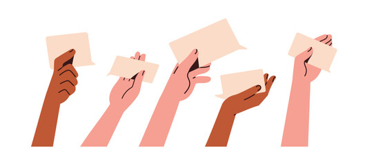 Wall Mural - hand holding blank speech bubble for message. giving feedback, sharing opinion and response. communi