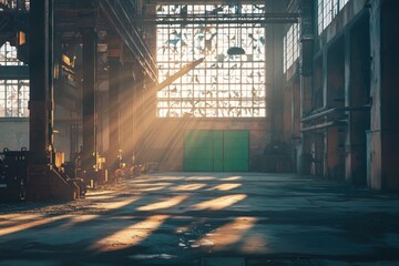 Poster - An industrial space with sunlight streaming through large windows, creating dramatic shadows.