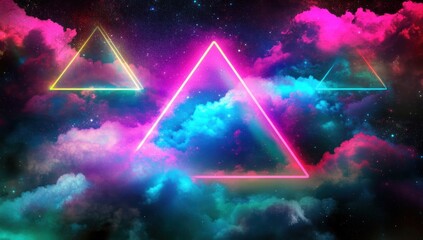 Poster - A vibrant cosmic scene featuring glowing neon triangles amidst colorful clouds.