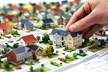 Poster - A hand places a model house on a detailed miniature neighborhood layout.