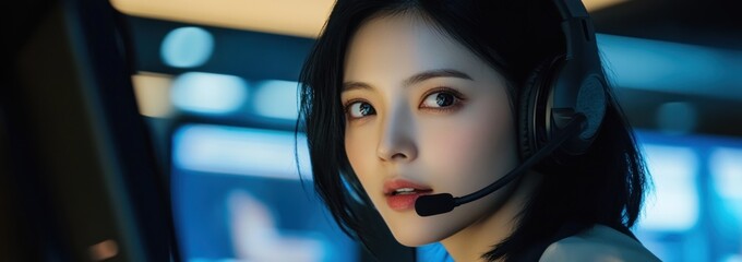 Poster - A focused individual wearing a headset, engaged in a technology-related task.