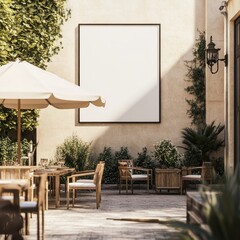 Poster - A serene outdoor space featuring empty furniture and a blank canvas on the wall.