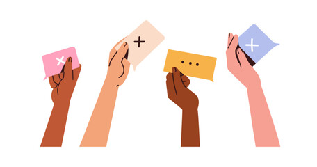 Wall Mural - hands holding speech bubbles with cross symbol, negative feedback, no. sharing bad opinion, protesti