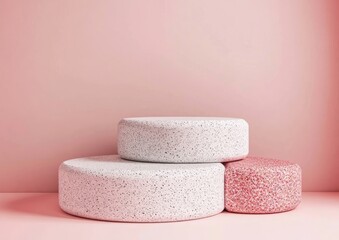 Poster - Three circular, speckled cushions stacked against a pink wall, creating a soft aesthetic.