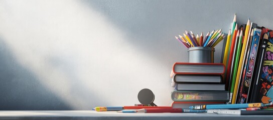 Poster - A colorful arrangement of books and art supplies on a desk illuminated by sunlight.