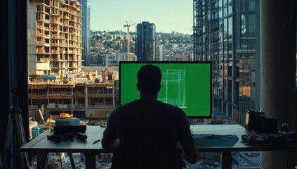 Aufkleber - A person working at a desk with a computer, overlooking a construction site and cityscape.