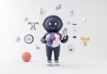 Aufkleber - A cheerful character holds a soccer ball amidst playful icons representing various activities.
