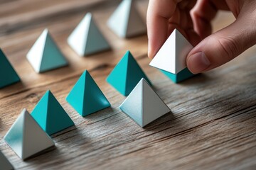 Aufkleber - A hand arranging pyramid-shaped objects on a wooden surface, suggesting a game or organization.