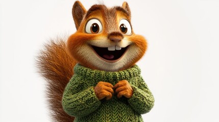 Poster - A cheerful animated squirrel in a cozy green sweater, exuding friendliness and warmth.