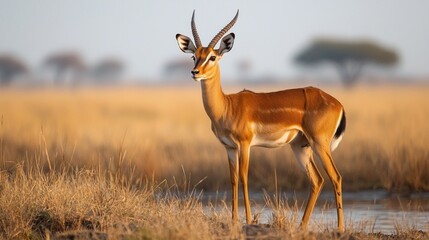 Poster - In the soft light of dusk, a solitary antelope gazes across the vast African savanna, surrounded by golden grasses and distant acacia trees