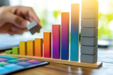 Poster - A hand places a block on a colorful bar chart, symbolizing growth and progress.