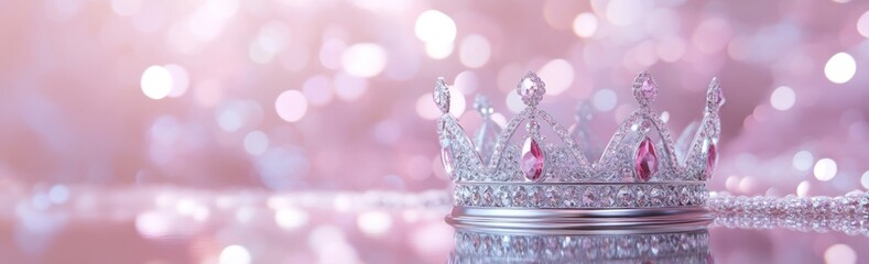 Poster - A sparkling silver crown adorned with pink gemstones, set against a soft pink background.