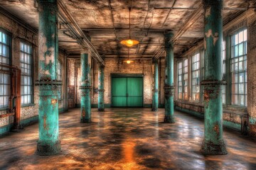 Poster - A spacious, industrial room with weathered columns and large windows, evoking a nostalgic ambiance.