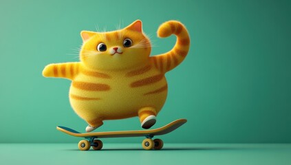 Poster - A cute, chubby orange cat skateboarding playfully on a colorful board.
