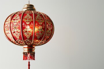 Vibrant red and gold Chinese New Year lantern with intricate designs, isolated on white background, classic and celebratory