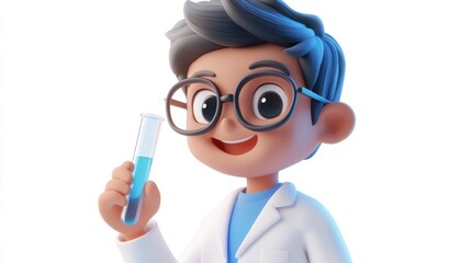 Poster - A cheerful cartoon scientist holding a test tube filled with blue liquid.