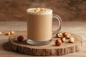 Poster - A steaming cup of coffee topped with nuts, surrounded by hazelnuts on a wooden surface.