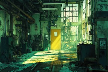 Poster - A sunlit industrial room with peeling paint and a yellow door, evoking a sense of decay.