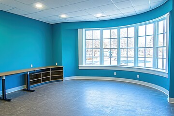 Poster - A modern, empty room with blue walls and large windows, ideal for an office or meeting space.