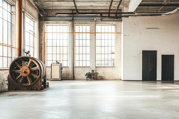 Poster - Spacious industrial interior with large windows and machinery.