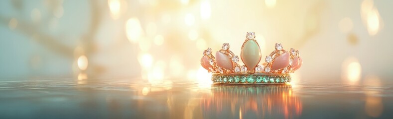 Poster - A delicate crown adorned with gemstones, reflecting light against a soft, dreamy background.