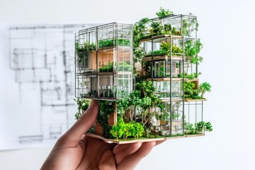 Poster - A hand holds a detailed architectural model of a green building with plants.