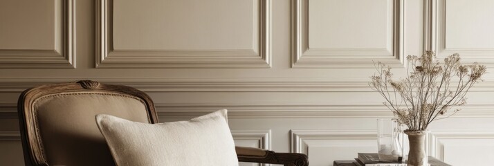 Poster - A stylish interior featuring an elegant chair and decorative vase with dried flowers.