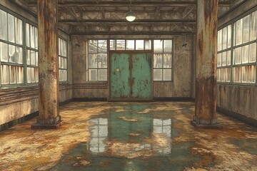 Poster - A weathered industrial room with rusted pillars and a turquoise door, showcasing decay.