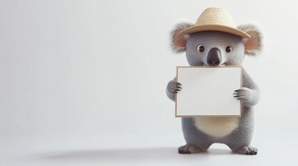 Poster - A cute koala wearing a straw hat holds a blank sign against a simple background.