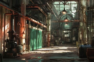 Poster - An abandoned industrial space with rusted machinery and sunlight filtering through windows.