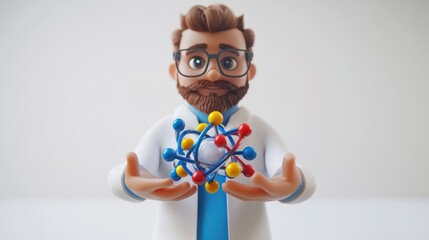 Aufkleber - A cartoonish scientist holds a colorful atomic model, symbolizing scientific exploration.