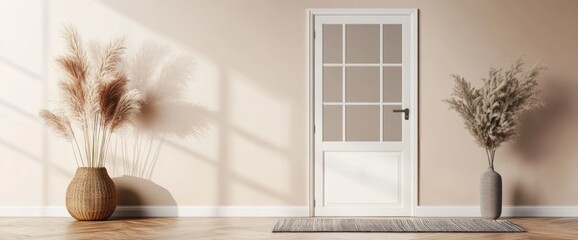 Poster - A serene interior scene featuring a door, decorative plants, and soft lighting.