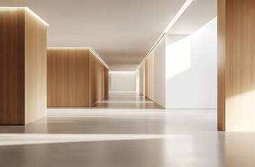 Leinwandbilder - Modern interior hallway with wooden panels and soft lighting.