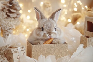 Poster - A cute rabbit sitting in a glittery box, holding a carrot amidst festive decorations.