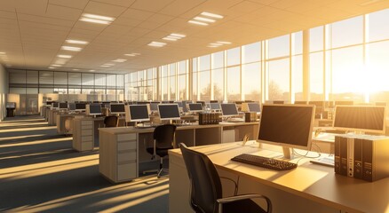 Aufkleber - A bright, modern office space with desks and computers, illuminated by sunset light.