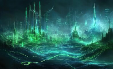 Poster - A surreal landscape featuring glowing green structures and flowing energy, evoking a futuristic vibe.