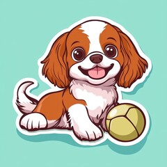 Aufkleber - A cute cartoon puppy with a playful expression, lying next to a tennis ball.