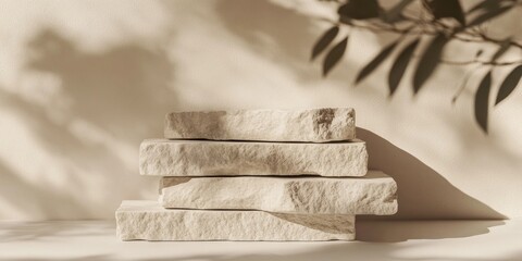 Poster - A minimalist arrangement of stacked stones casting soft shadows on a light background.
