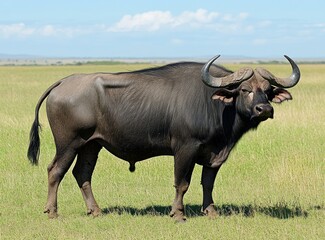 Poster - A solitary buffalo stands in a grassy field under a clear blue sky.