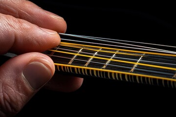 Aufkleber - A close-up of a hand pressing guitar strings, highlighting musical craftsmanship.