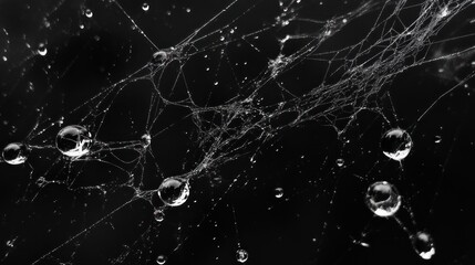 Close-up of a spiderweb with water droplets on a dark background.