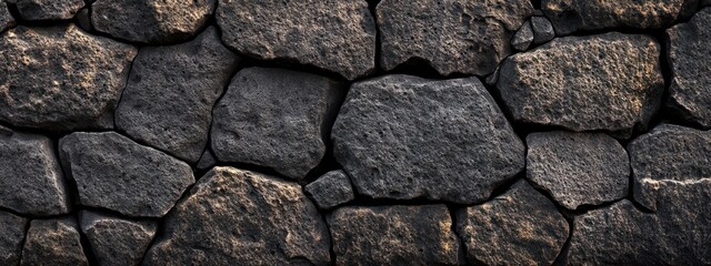 Poster - A textured stone wall composed of various shapes and sizes of dark stones.