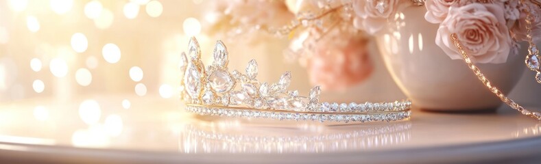 Poster - A sparkling tiara rests on a table beside delicate roses, evoking elegance and beauty.