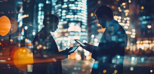 Poster - Two silhouettes using devices against a vibrant city backdrop at night.