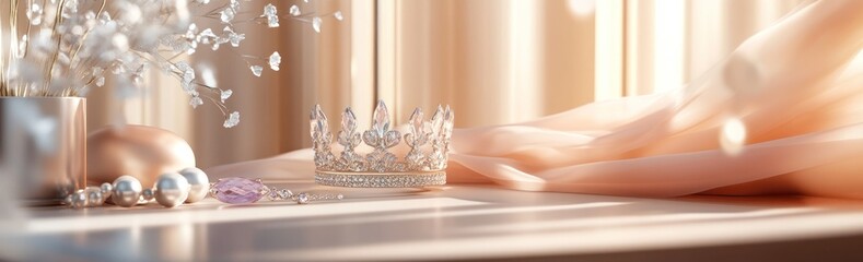 Poster - A delicate scene featuring a crown, pearls, and soft fabric, evoking elegance and beauty.