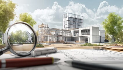 Poster - A construction site with plans and tools, showcasing architectural development.