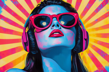 Wall Mural - woman wearing sunglasses and headphones is the main subject of the image. The woman is wearing a red pair of sunglasses and pink lipstick. The image is a colorful