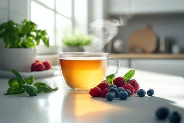 Poster - A steaming cup of tea accompanied by fresh berries on a kitchen counter.