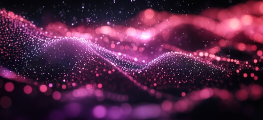 Fototapete - Abstract digital waves with glowing particles in pink and purple hues.