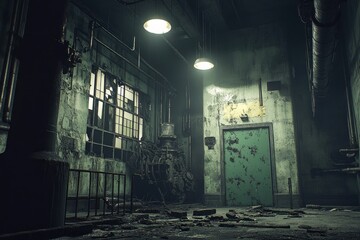 Poster - A dimly lit, abandoned industrial space with peeling walls and scattered debris.